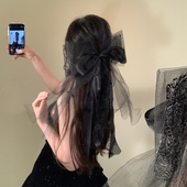 BXA法式 蕾丝蝴蝶结发夹双层蕾丝弹簧夹发饰黑色高级感气质发饰