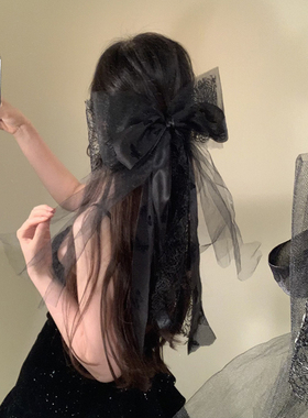 BXA法式蕾丝蝴蝶结发夹双层蕾丝弹簧夹发饰黑色高级感气质发饰