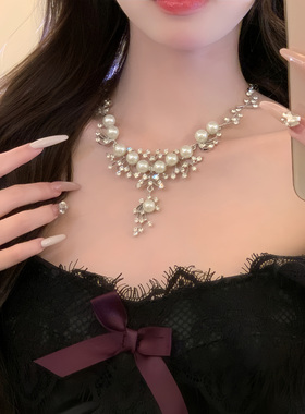 矜贵佳人~千金感闪锆珍珠项链女锁骨链宴会气质新娘礼服配饰颈链