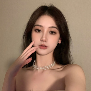 BXA简约双层锆石choker珍珠项链项圈女新款小众锁骨链颈环颈链