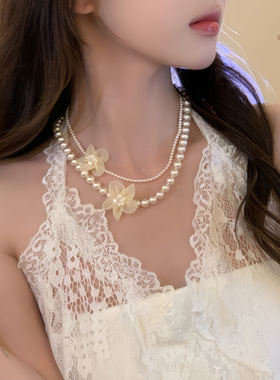 初恋女友~法式小香花朵珍珠项链双层温柔气质锁骨链叠戴颈链配饰