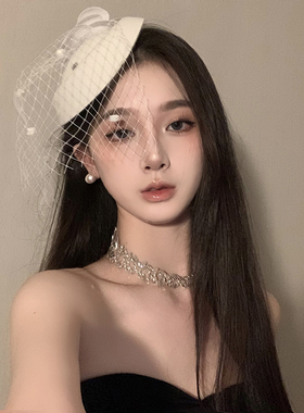 BXA冬季轻奢小礼帽发饰网纱名媛头饰新款气质发夹发饰女拍照装饰