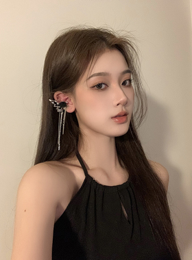 BXA万圣节暗夜精灵黑色玫瑰蝴蝶耳骨夹无耳洞流苏耳夹女耳环耳饰