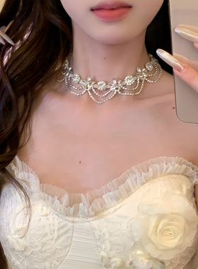 晚宴名流~闪锆花朵流苏choker项链女轻奢宴会礼服配饰颈链锁骨链