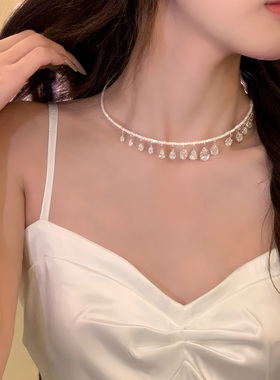 美神落泪~超仙气质水滴吊坠choker锆石项链轻奢千金感锁骨链颈链
