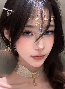 BXA法式蓝色锆石流苏头链贝壳发饰女轻奢高级感配裙子choker配饰