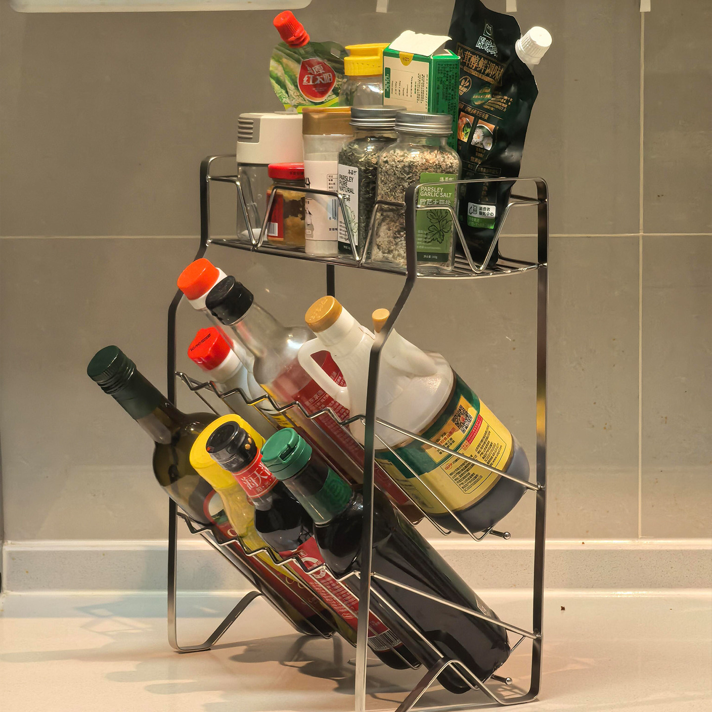 转角调料架厨房多功能不锈钢调味品置物架免安装家用多层储物架