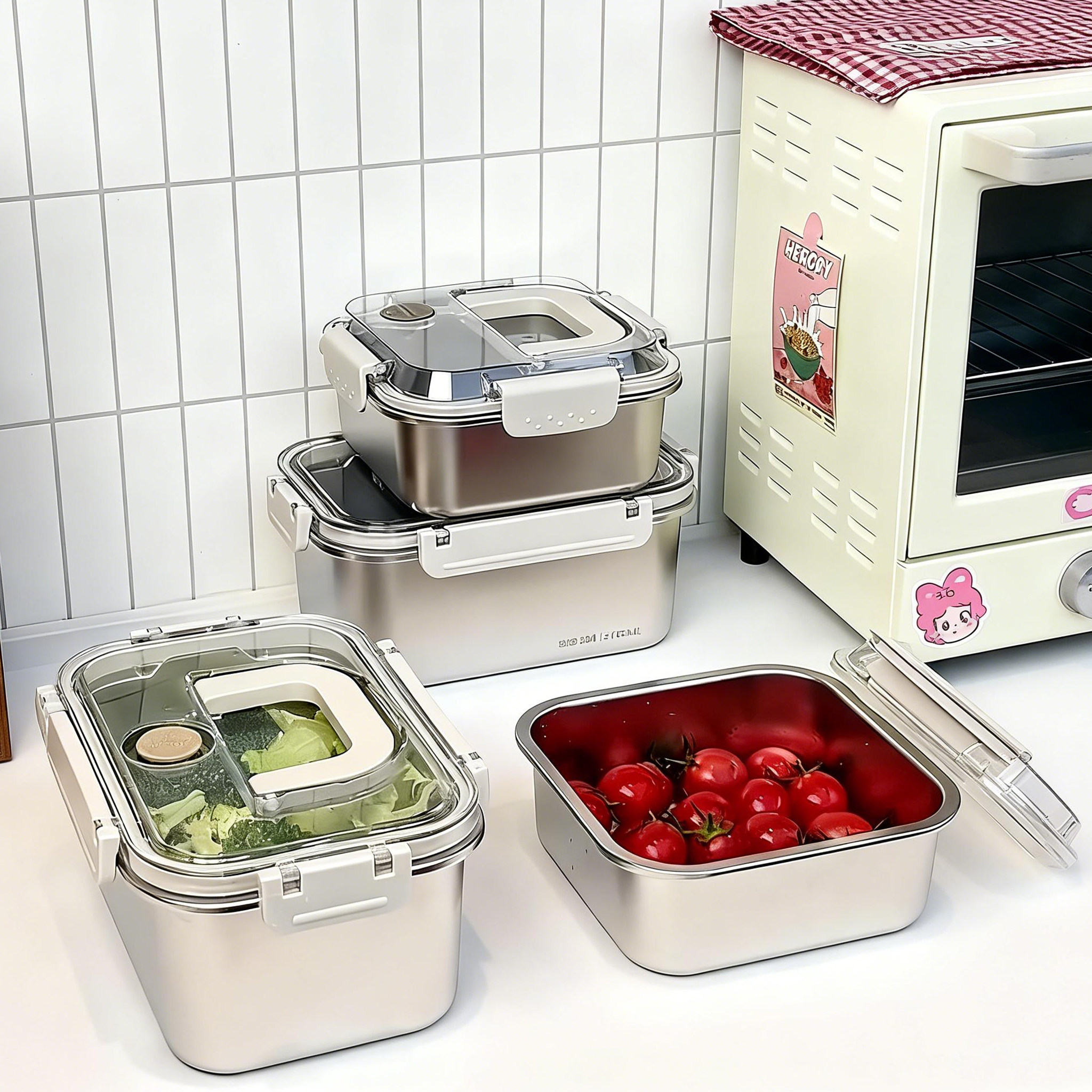 不锈钢水果密封保鲜便当盒上班族外带食品级大容量手提收纳盒饭盒