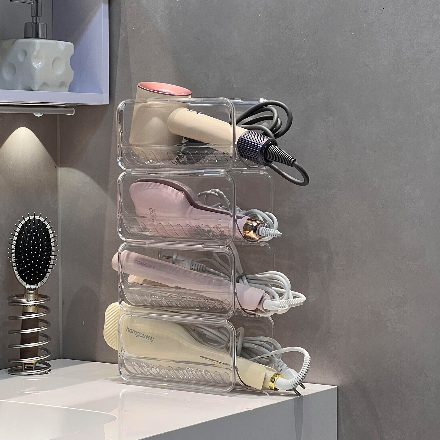 卷发棒梳子收纳架浴室台面梳妆台吹风机直板夹收纳盒透明置物架,收纳整理,整理架/置物架/收纳架,淘宝优惠券,粉丝福利购,淘宝优惠卷