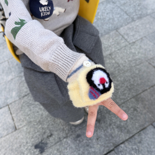 小企鹅婴儿手套秋冬季保暖加绒加厚男女儿童学生写字防寒半指手套