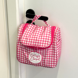 粉白格子手提化妆包少女心可爱便携大容量通勤化妆品收纳洗漱包