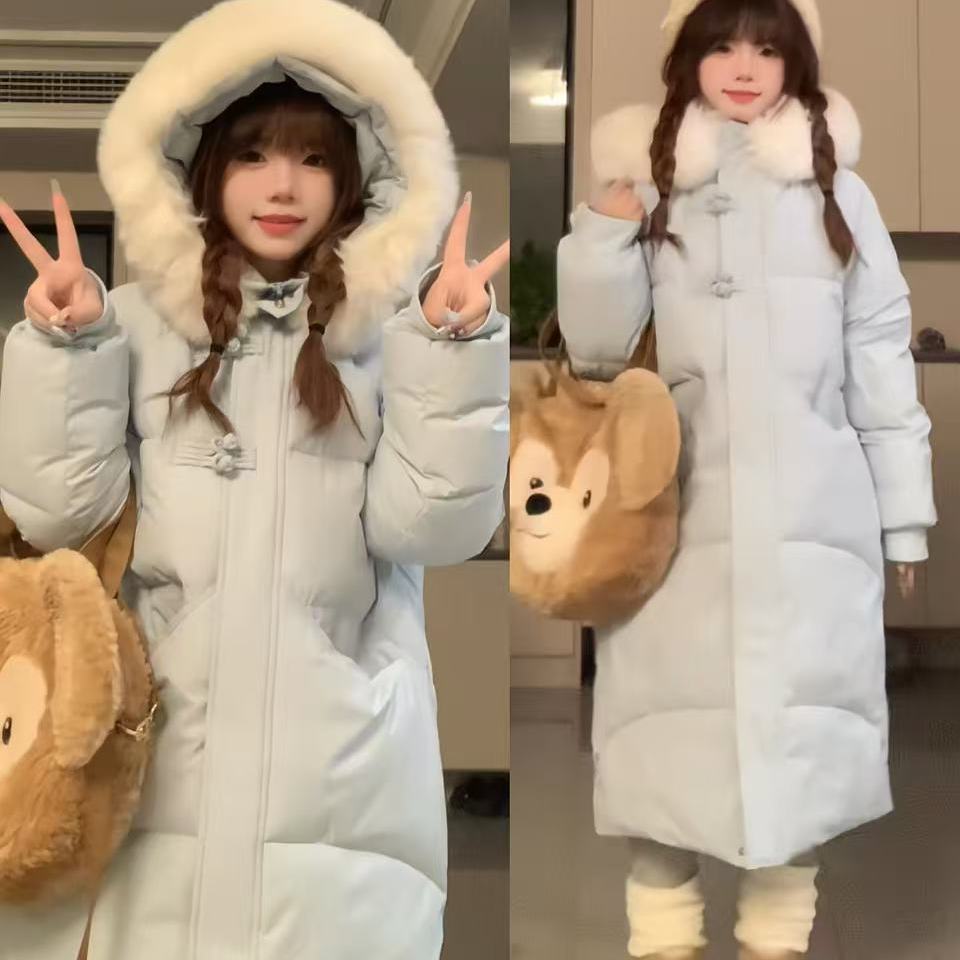 蓝色大毛领长款羽绒棉服
