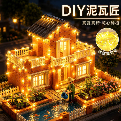 儿童益智积木男孩6-8岁泥瓦匠盖房子砌墙玩具小屋搭建拼装diy手工