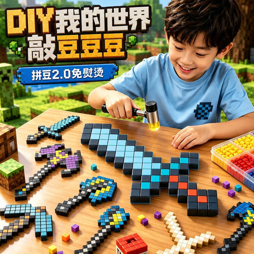 我的世界敲豆豆像素拼豆玩具2026火爆款男女孩手工diy敲敲乐拼图