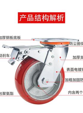 重型SRCXT红色韩式铁芯厂聚氨酯脚轮4-8耐寸磨PU承定向轮子带重刹