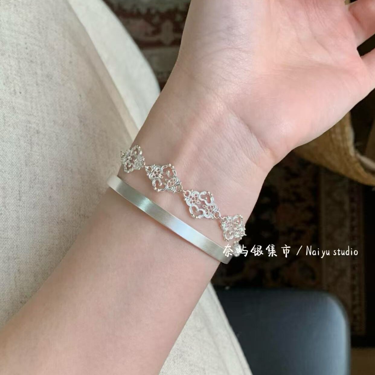 足银999如意浮云手链女手工花丝