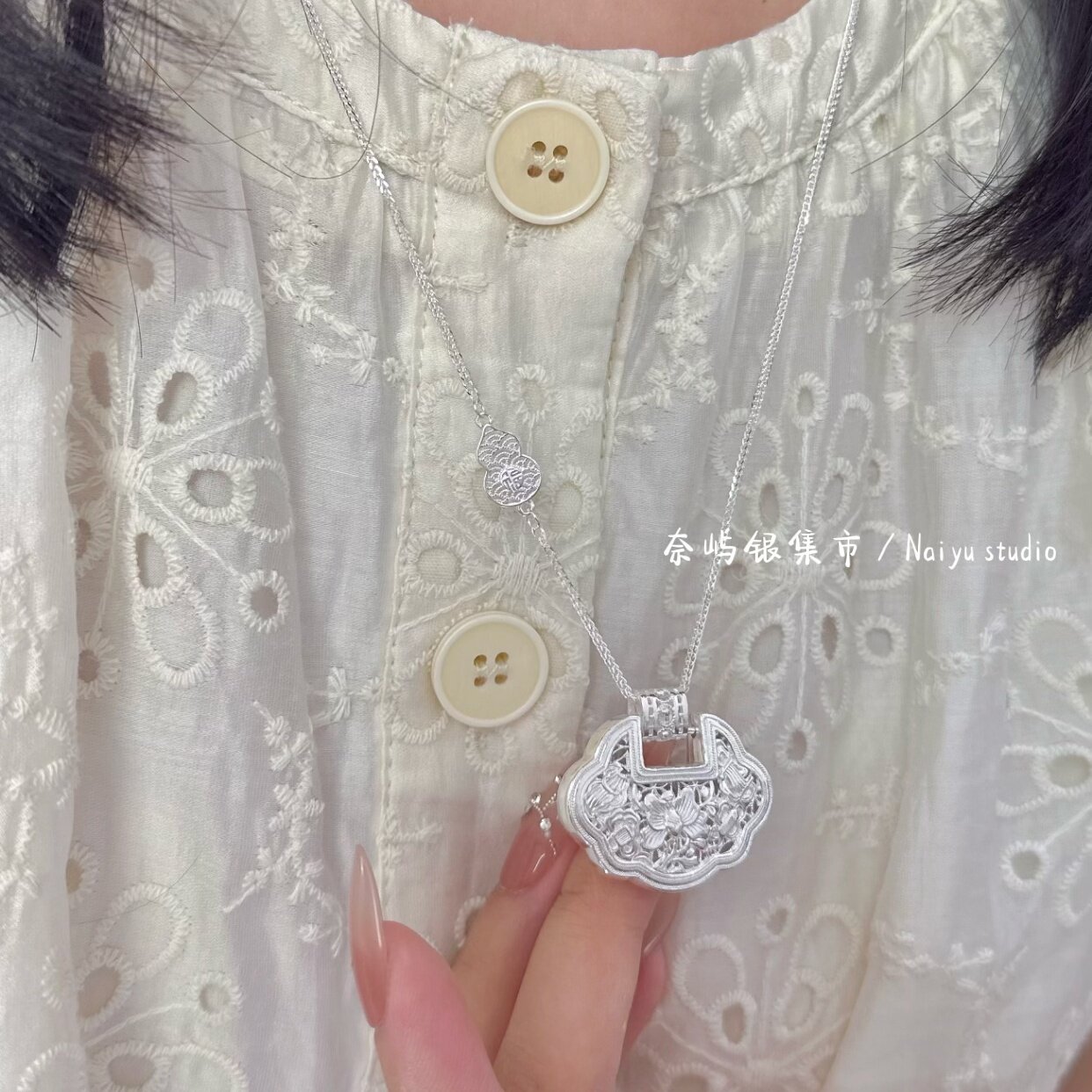 足银999新中式牡丹花开富贵银锁