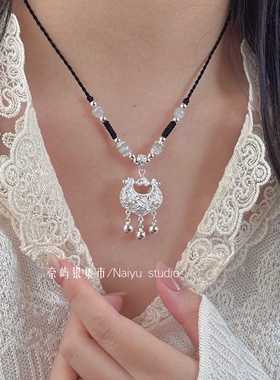 足银999花丝百合花银锁项链