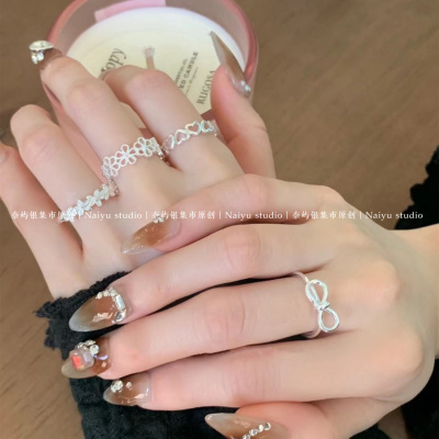 足银999蝴蝶结小花爱心叠戴推拉戒指开口可调节纯银简约素圈戒指