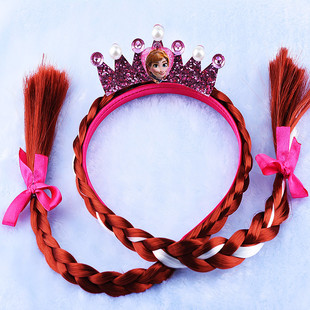 冰雪安娜公主珍珠皇冠发箍双辫子红棕色假发麻花辫头箍女童头饰品