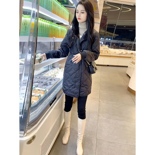 高端羽绒棉服女2025秋冬季新款宽松立领轻薄收腰中长款菱形格外套
