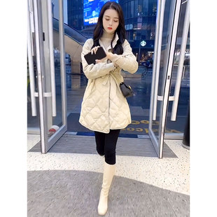 高端羽绒棉服女2026秋冬季新款宽松立领轻薄收腰中长款菱形格外套