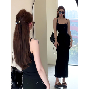 御姐风蕾丝拼接抹胸吊带连衣裙女夏季 包臀长裙子 纯欲性感黑色修身