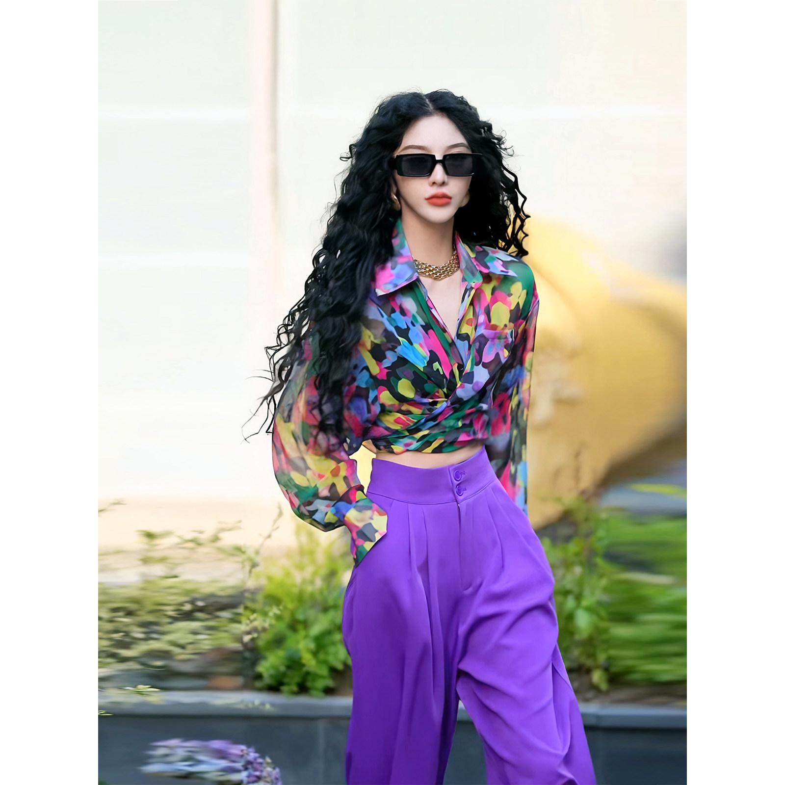 花色Polo领长袖衬衫女2025夏新款高腰垂感直筒阔腿裤女时尚两件套,女装/女士精品,时尚套装,淘宝优惠券,粉丝福利购,淘宝优惠卷