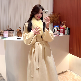 杏色双面妮子大衣2026秋冬季女中长款韩版小个子气质毛领毛呢外套