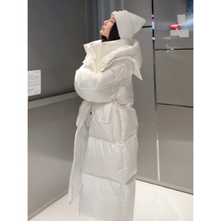 今年流行爆款韩系大被子保暖气质长款白色立领连帽羽绒服外套冬季