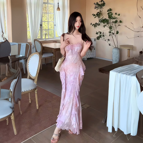 蝴蝶印花紫色吊带裙女夏季新款