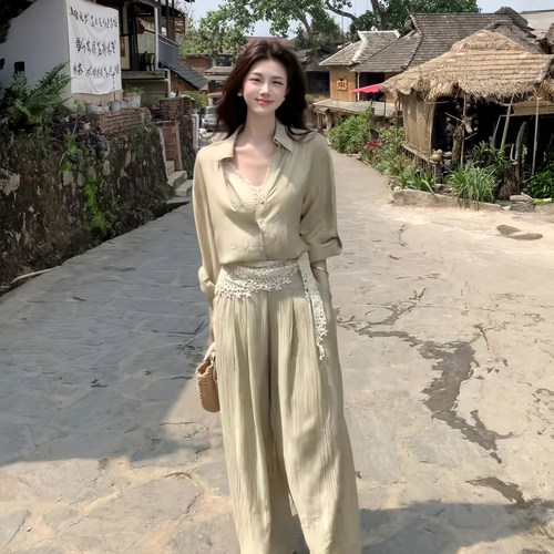 豆绿色套装女缎面衬衫阔腿裤