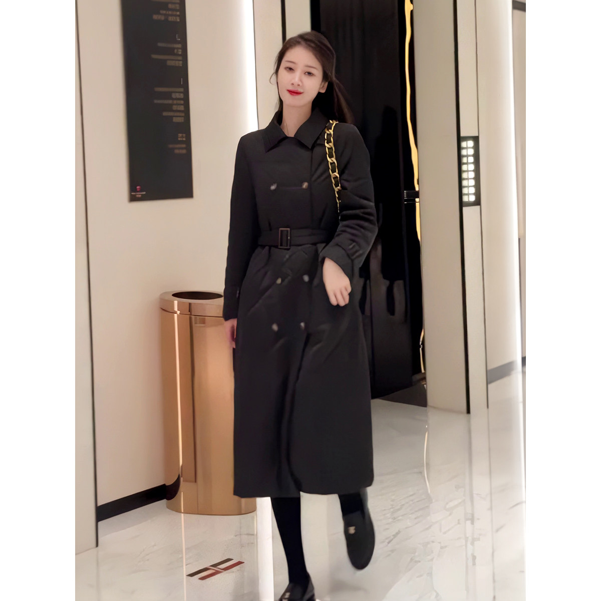 高级感气质时尚羽绒棉服女冬季中长款过膝收腰Polo领黑色棉衣外套