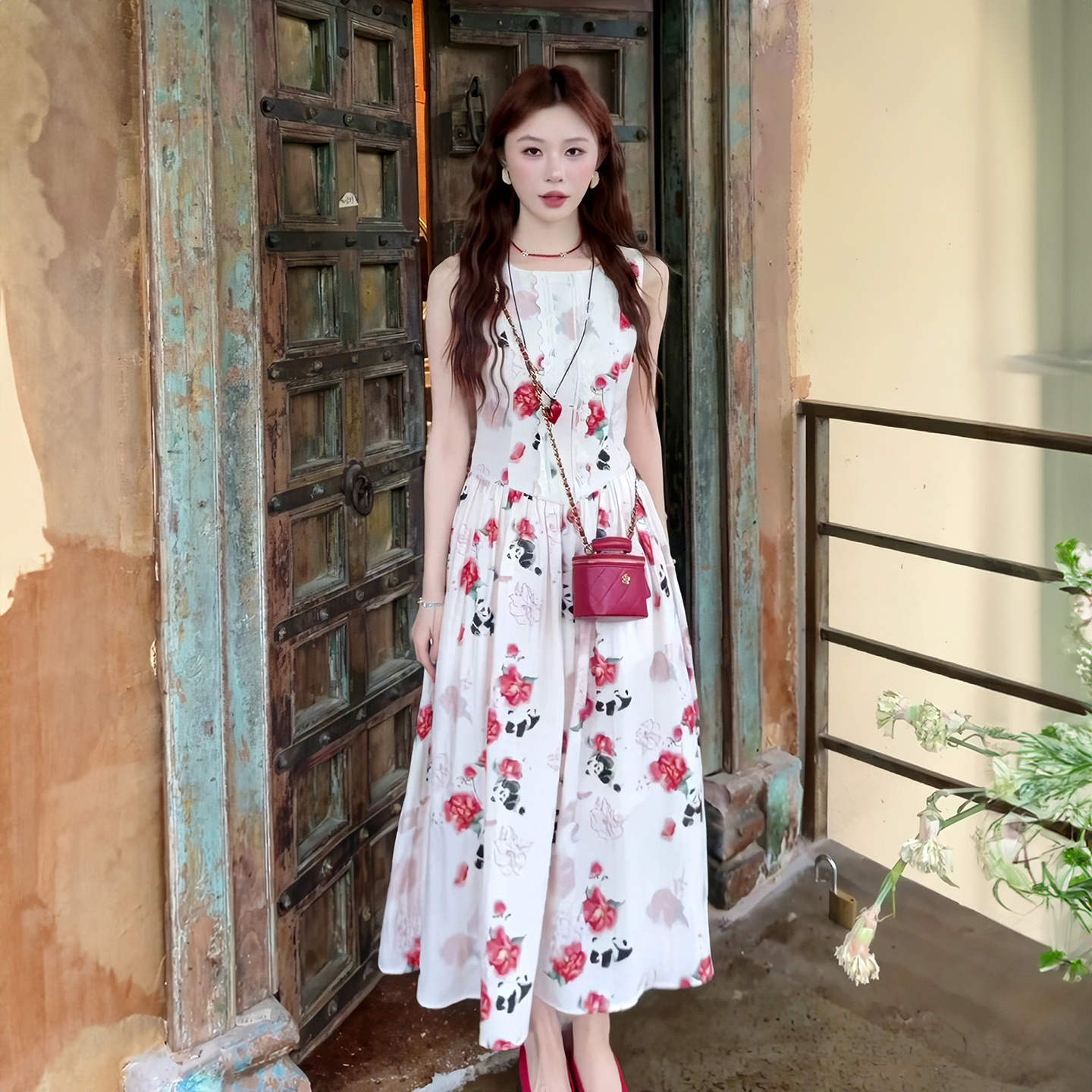 度假风白色印花连衣裙女