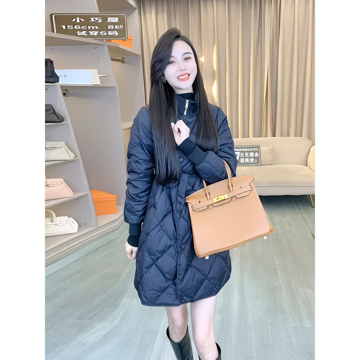 菱格羽绒棉服女冬季韩版宽松轻薄加厚中长款系带保暖派克服棉衣潮