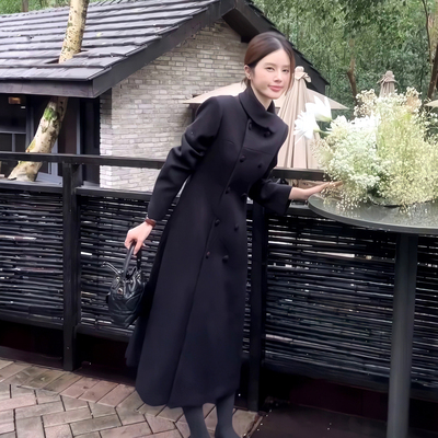 双排扣毛呢外套女不规则立领黑色