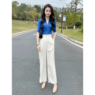 中长袖 新款 修身 上衣高级感阔腿长裤 气质V领针织衫 时尚 女2025夏装