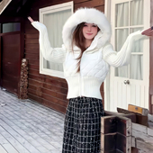 连帽针织开衫 欧货冬新款 冬设计感棉服拼接毛衣外套女收腰短款 上衣