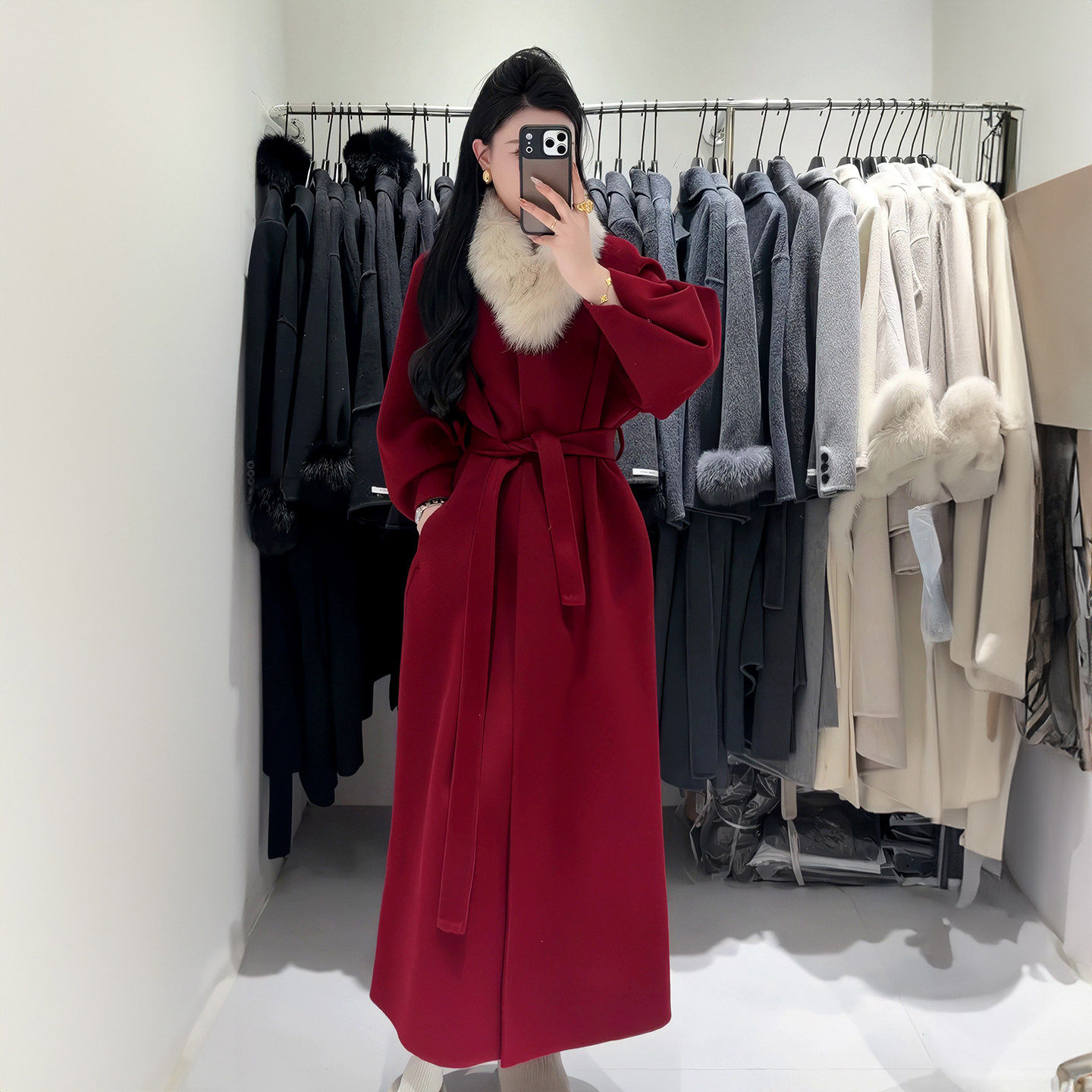 2025秋冬新款狐狸毛领圆领灯笼袖双面羊毛大衣长款系带羊毛外套女,女装/女士精品,毛呢外套,淘宝优惠券,粉丝福利购,淘宝优惠卷