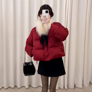 新中式红色短款羽绒服女2025冬季新款毛领小个子保暖羽绒甜美外套