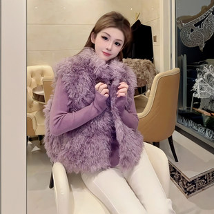 紫美人毛毛皮草两件套2026新款羊羔毛马甲外套+高领显瘦打底毛衣