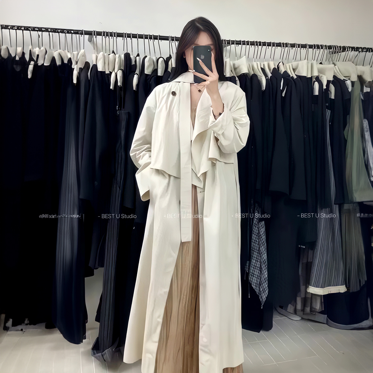 休闲长款飘带白色风衣外套女