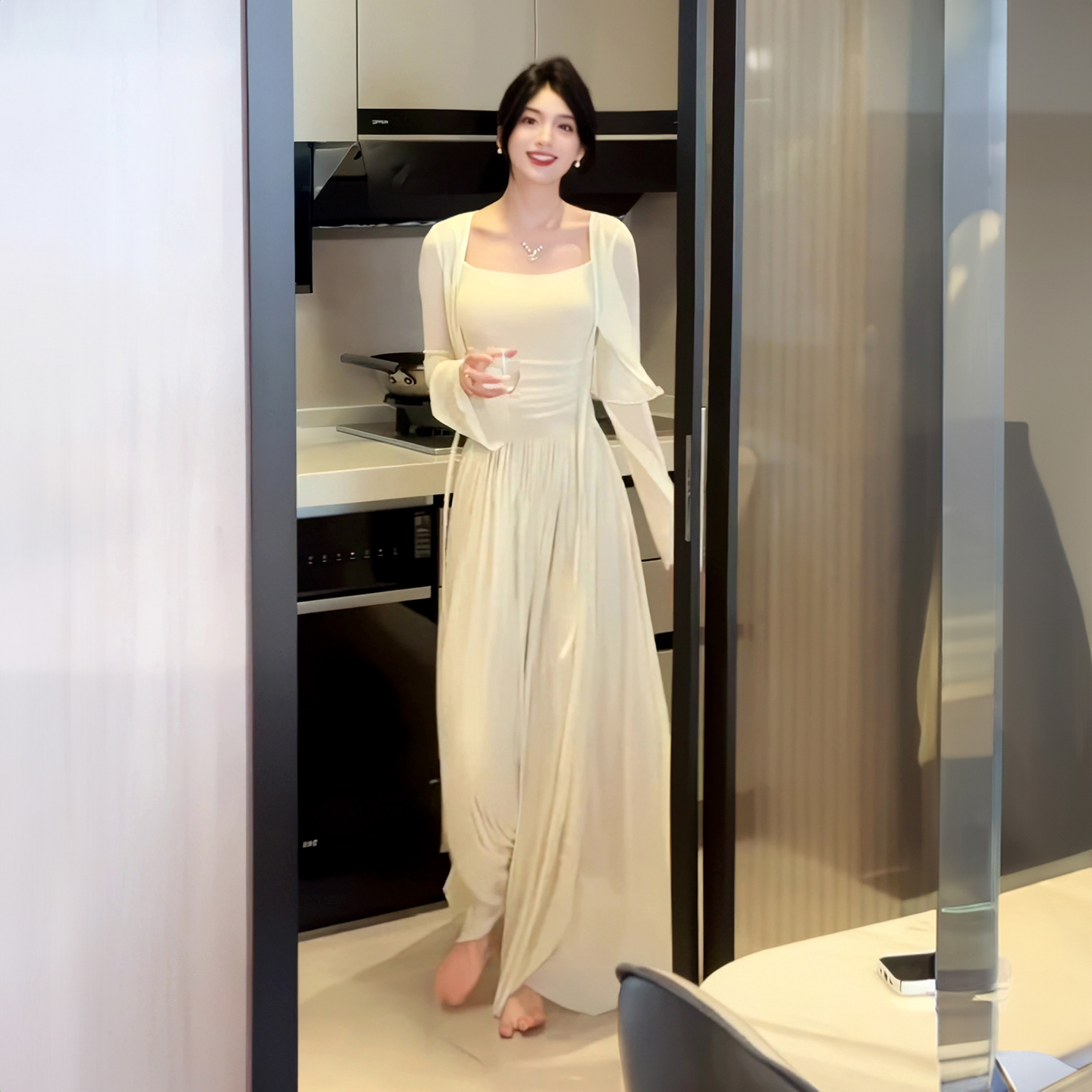 夏季温柔风薄纱外套吊带裙两件套修身收腰连衣裙气质a字裙长裙女