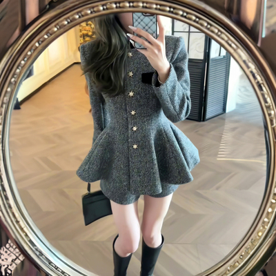 短外套高腰百褶裙两件套