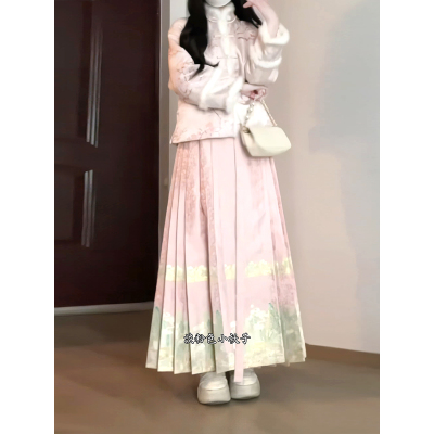 国风汉服夹棉加厚外套粉色马面裙