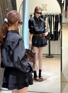 ADD百褶裙2025早秋新款气质显瘦翻领设计感衬衫连衣裙小个子短裙