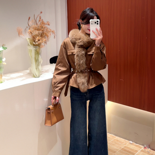 工装风毛领咖色夹克羽绒服女2026冬季新款中长款收腰保暖防风外套