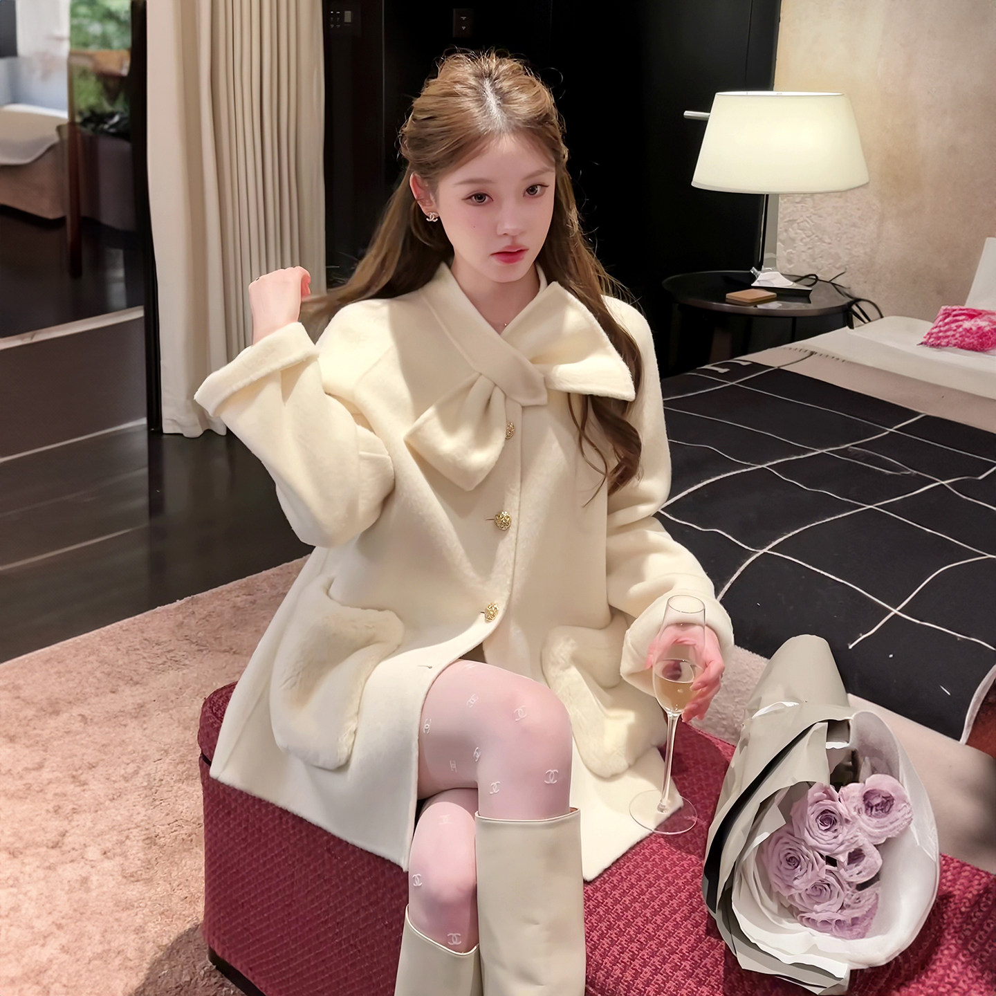 甜美蝴蝶结斗篷披肩毛呢外套女秋冬2026新款法式千金时尚百搭上衣