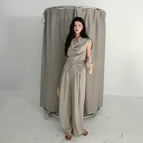 荡领衬衫收腰无袖上衣宽松阔腿裤