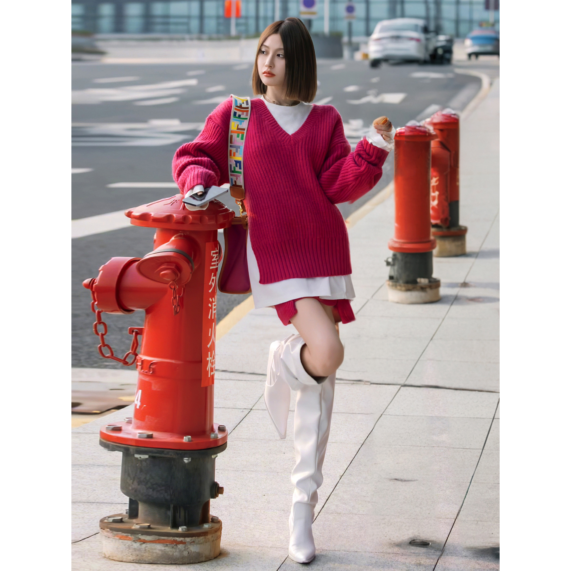 开叉V领针织衫高腰短裙两件套